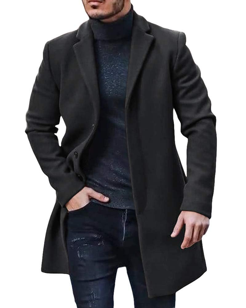 PASLTER Mens Trench Coat Slim Fit Notched Collar Fall Winter Single Breasted Pea Coat Warm Soft Overcoat - Image 1